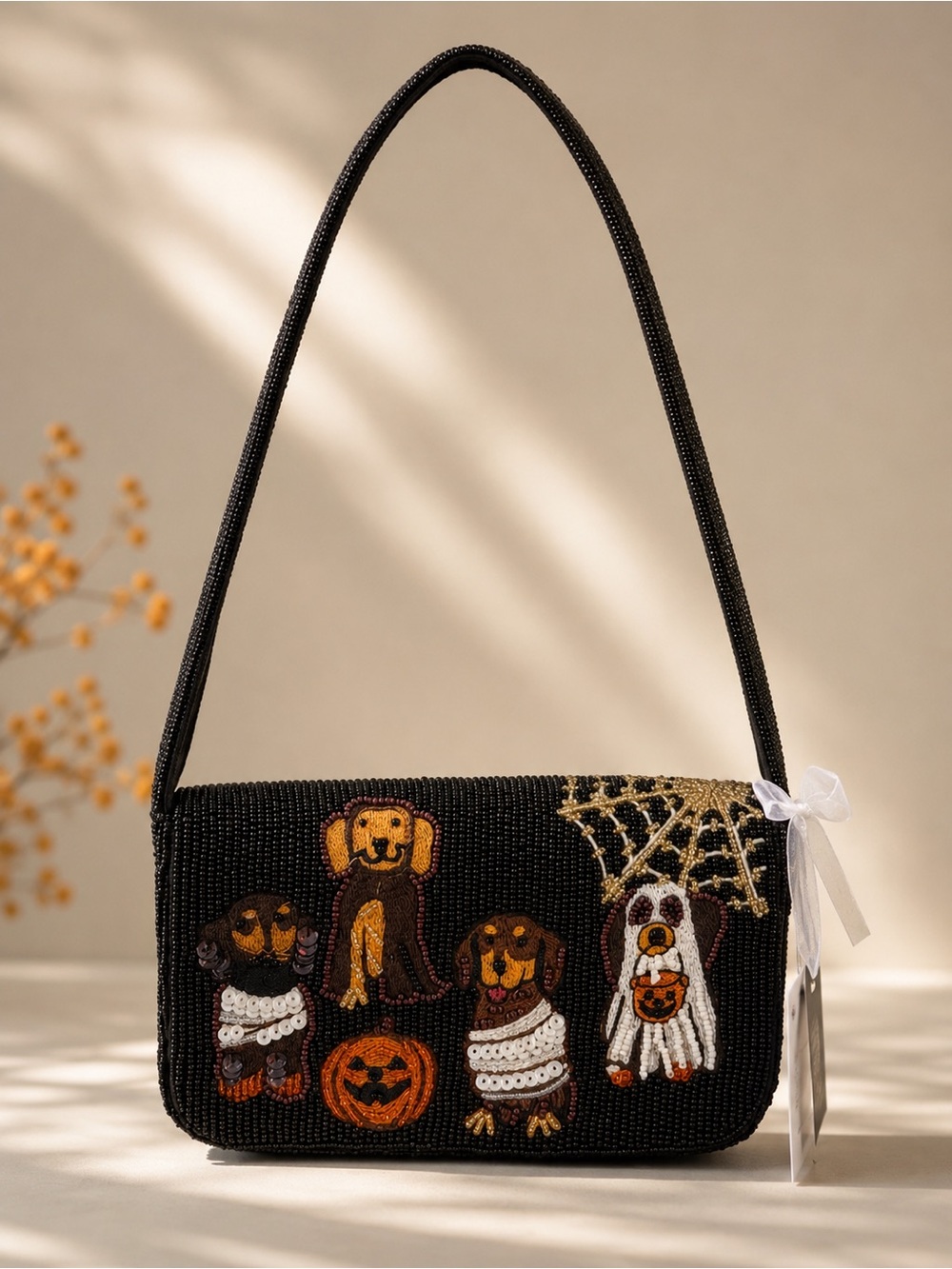 Black Beaded Halloween Dog Shoulder Bag